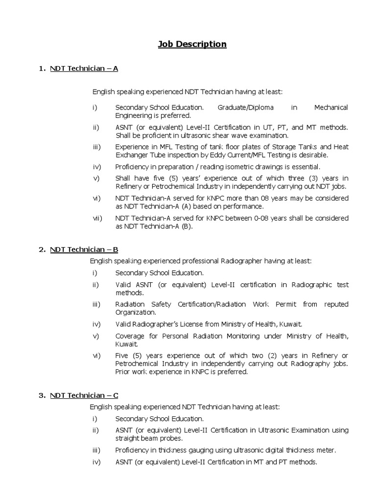 Job Description PDF Nondestructive Testing Engineering