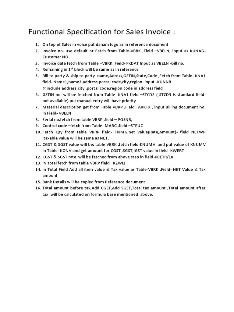 Functional Specification For Sales Invoice | PDF
