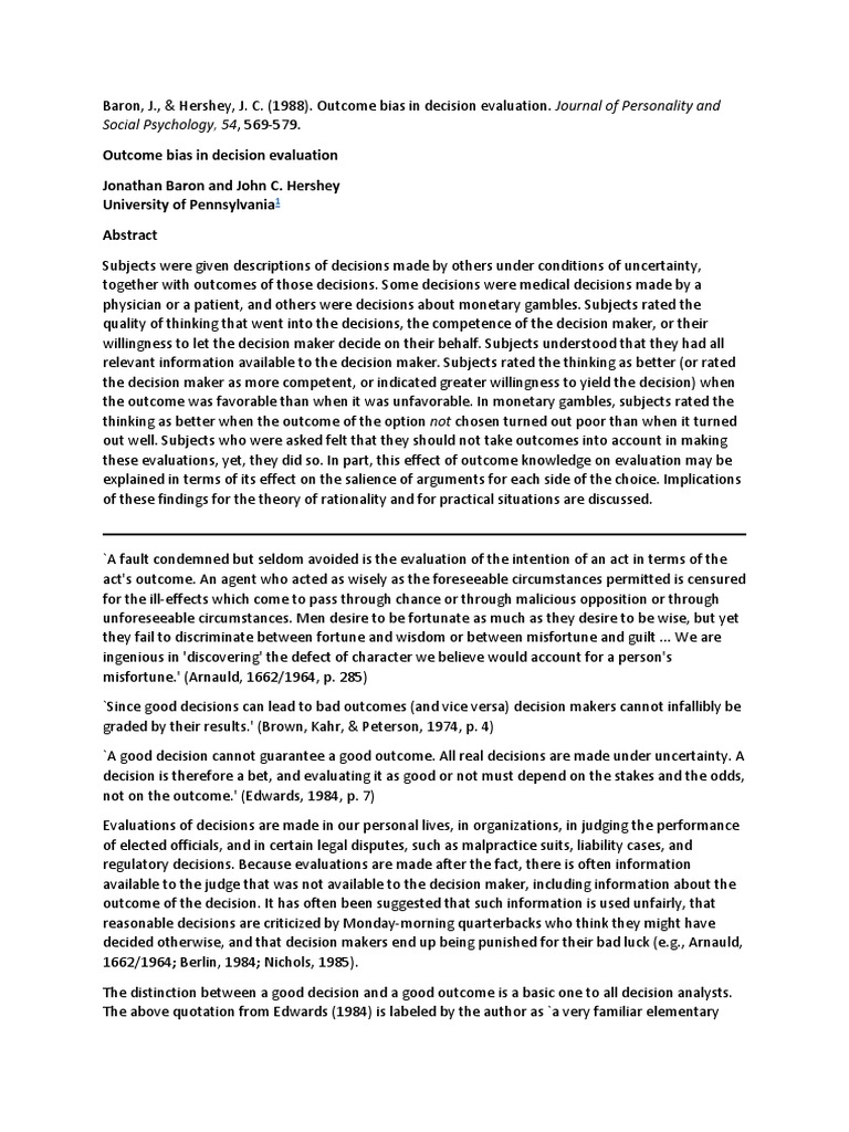 Outcome Bias in Decision Evaluation | PDF | Bias | Decision Making