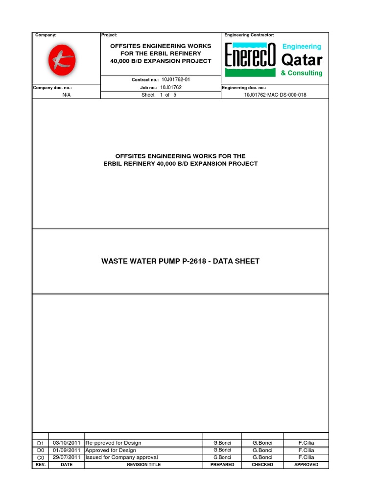 Erbil Refinery Waste Water Pump Data Sheet | PDF | Pipe (Fluid ...