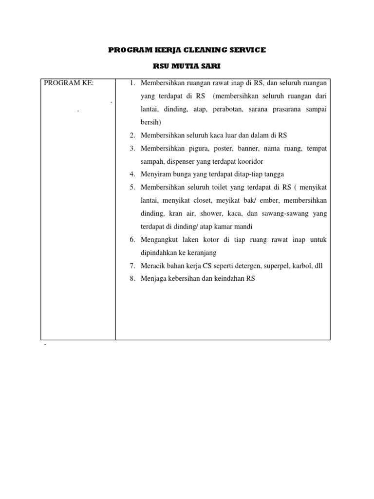 Program Kerja Cleaning Service RSU | PDF | Memasak, Makanan, & Anggur ...