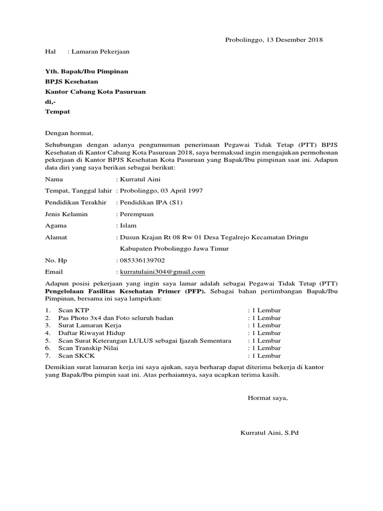 Surat Lamaran Bpjs