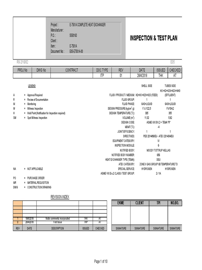 Inspection and Test Plan for Heat Exchanger | PDF