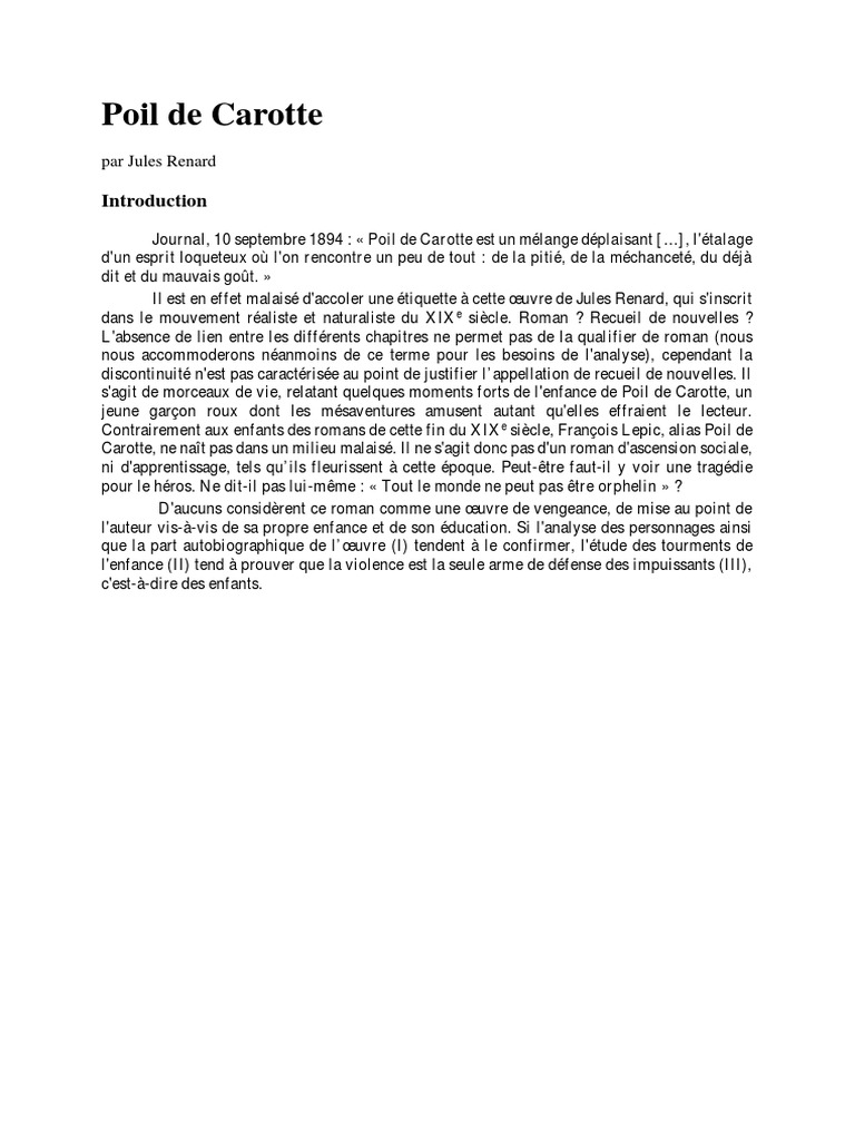 Résumé Poil De Carotte Par Chapitre