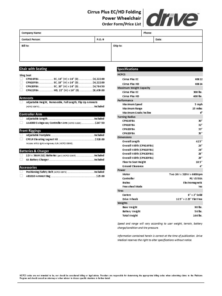 Cirrus Plus EC/HD Folding Power Wheelchair: Order Form/Price List | PDF ...