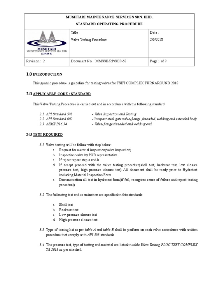 Valve testing procedure Valve Mechanical Engineering