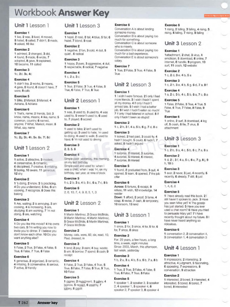 Workbook Answer Key: Units 1-4 | PDF | Nature