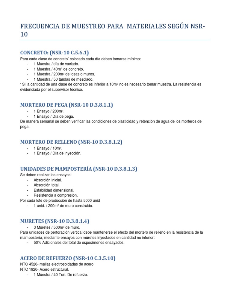 Muestreo de materiales según NSR-10 | PDF