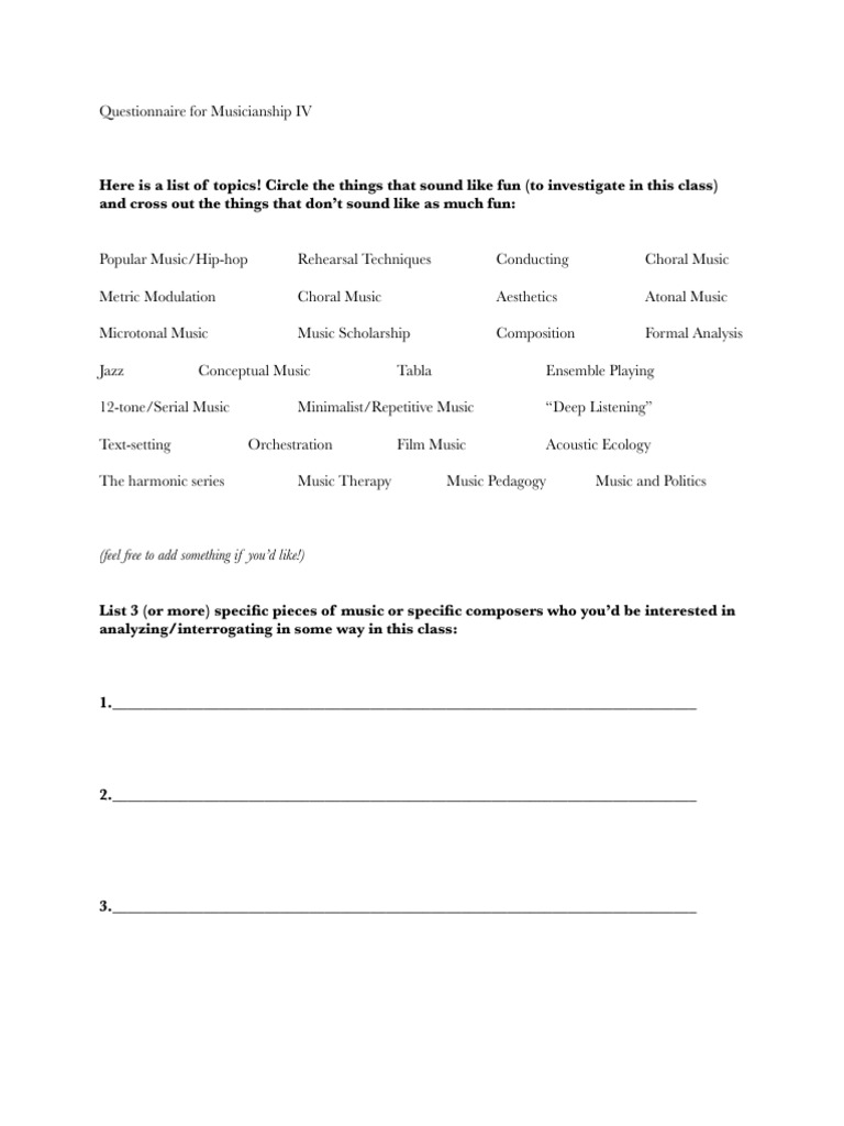 Musicianship IV Questionaire | PDF | Language Arts & Discipline