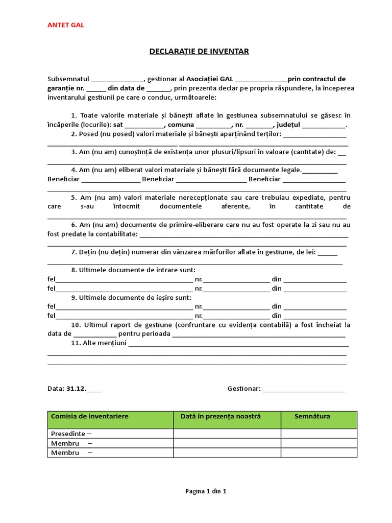 Model Declarație de Inventar (Declarație Gestionar) | PDF