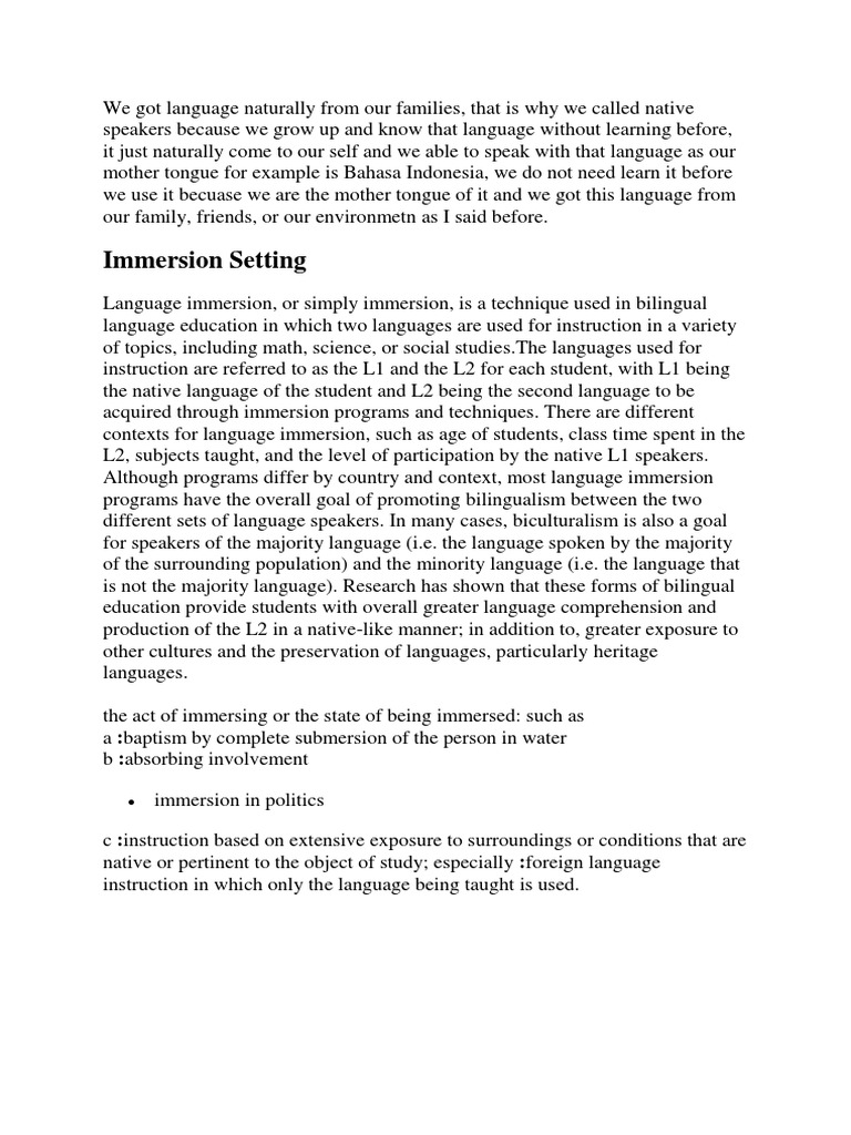 Definition of Immersion PDF First Language Applied Psychology