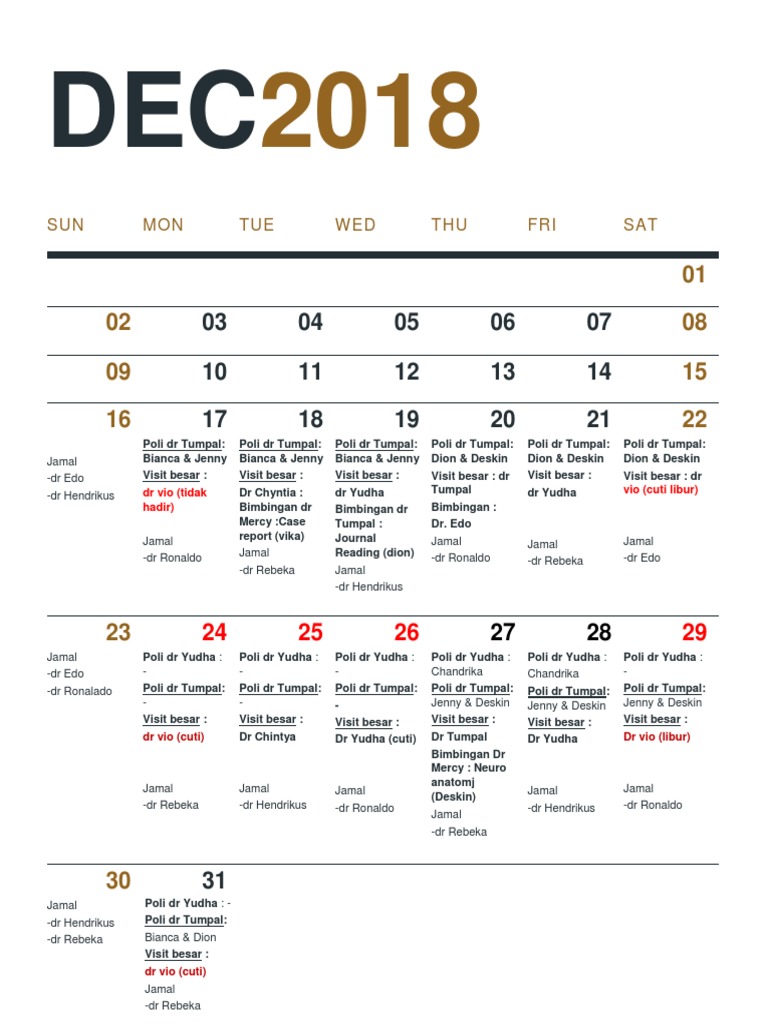 Sun Mon Tue Wed Thu Fri Sat Dr Vio Tidak Hadir Vio Cuti Libur Pdf