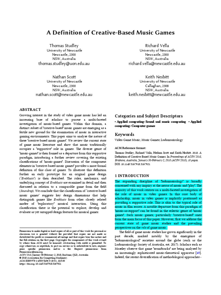 Studley A Definition Of Creative Based Music Games Game Design Narrative