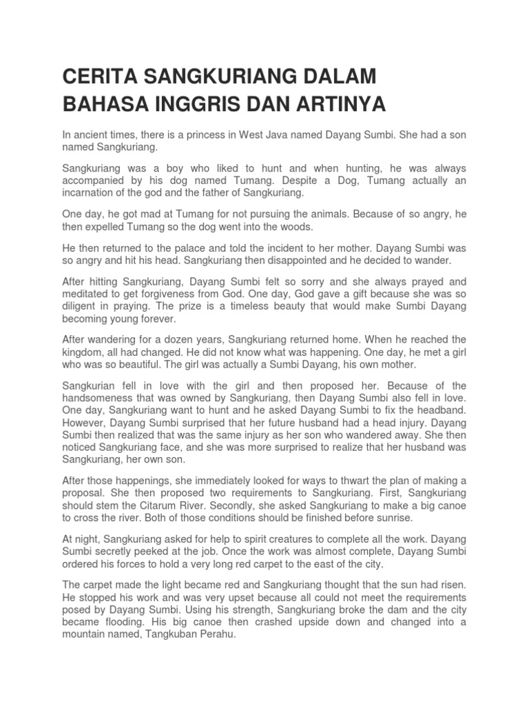 Cerita Sangkuriang Dalam Bahasa Inggris Dan Artinya