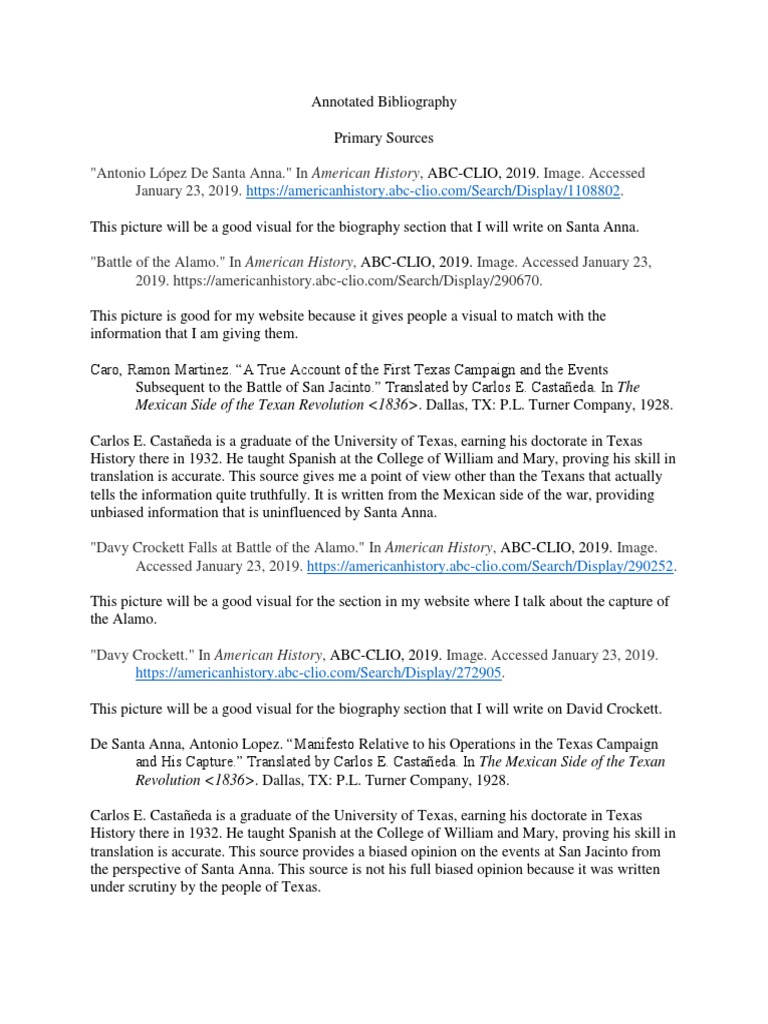 History Day Annotated Bibliography PDF Battle Of The Alamo Texas
