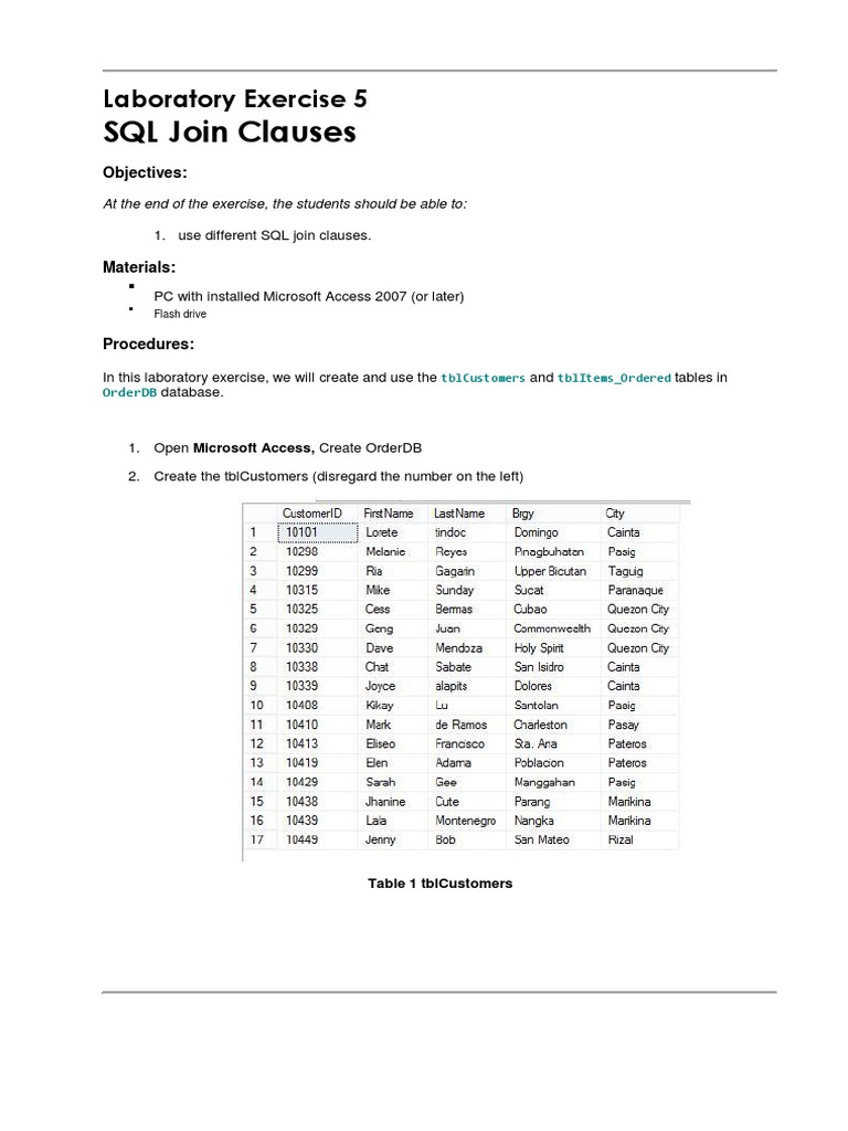 05 Laboratory Exercise Join Clauses | PDF | Microsoft Access | Sql