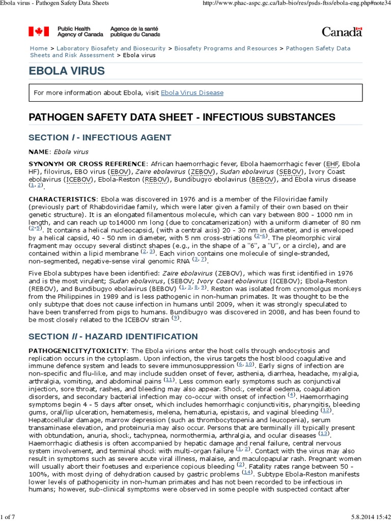 Ebola Virus Pathogen Safety Data Sheets PDF Ebola Virus Disease