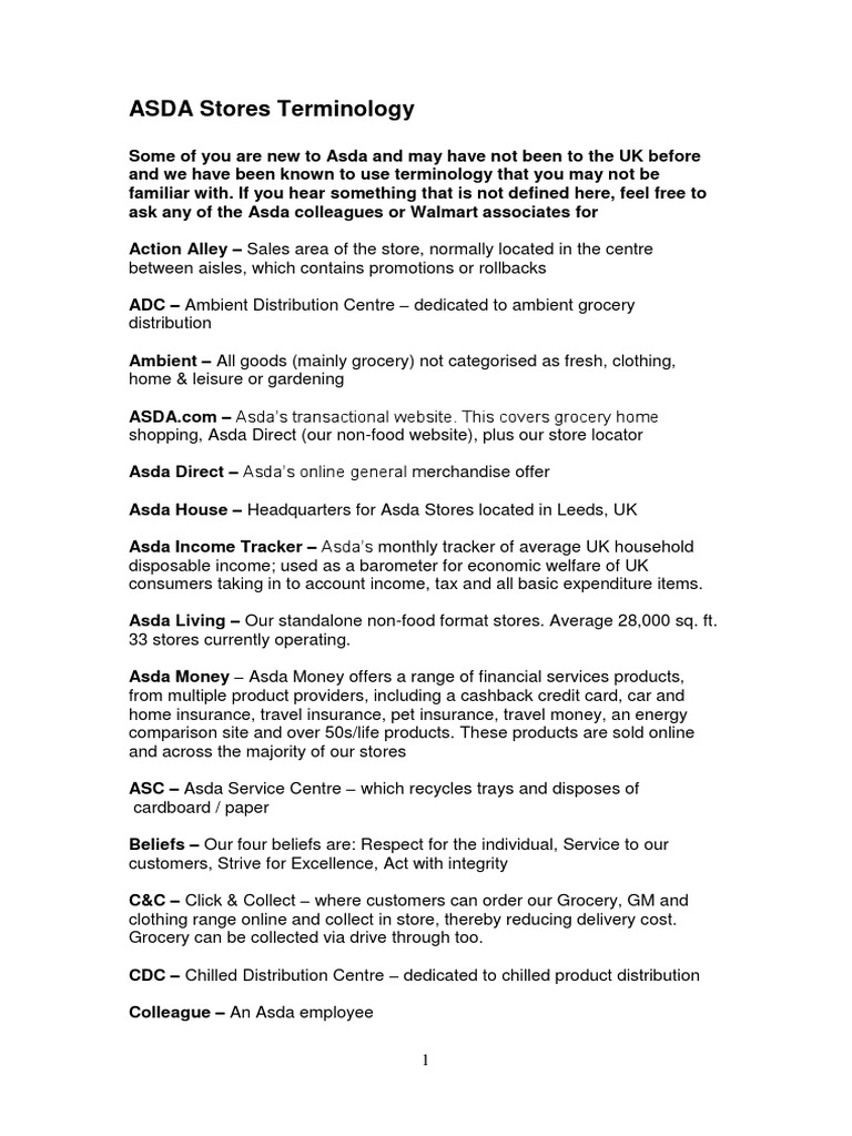 Asda Stores Terminology PDF Grocery Store Retail