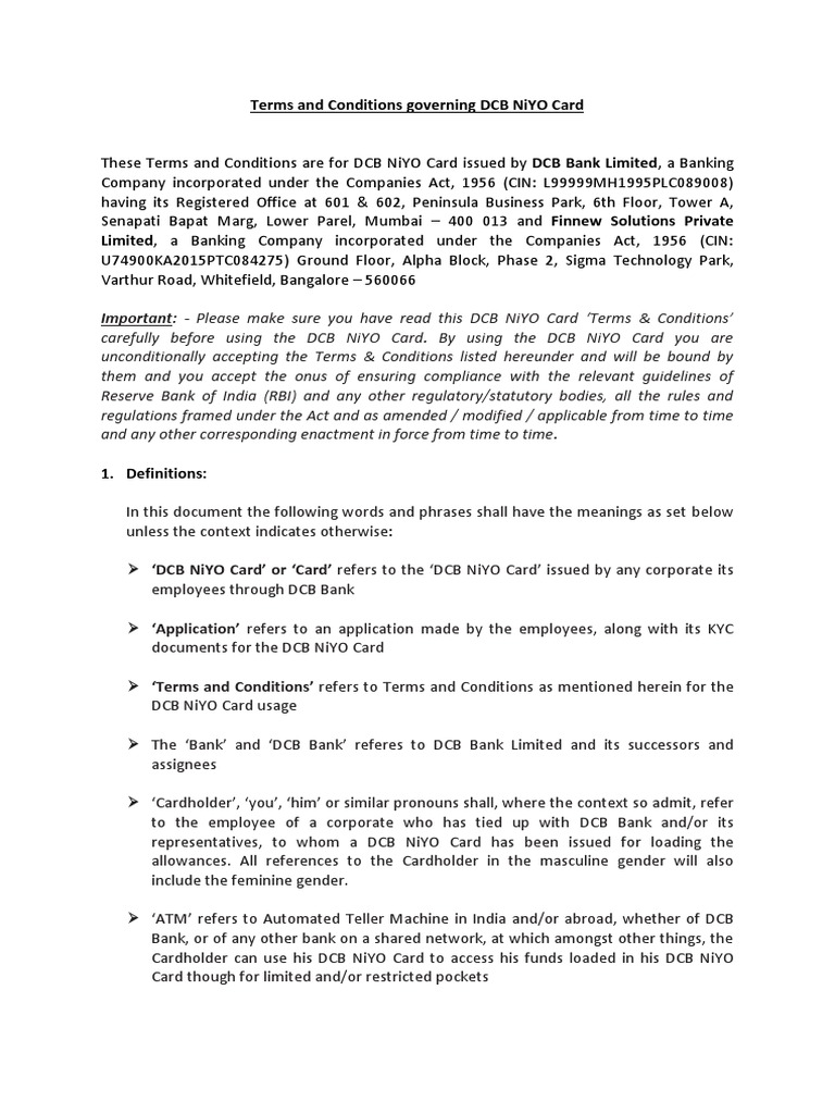 DCB NiYO Card Terms & Conditions | PDF | Credit Card | Debit Card