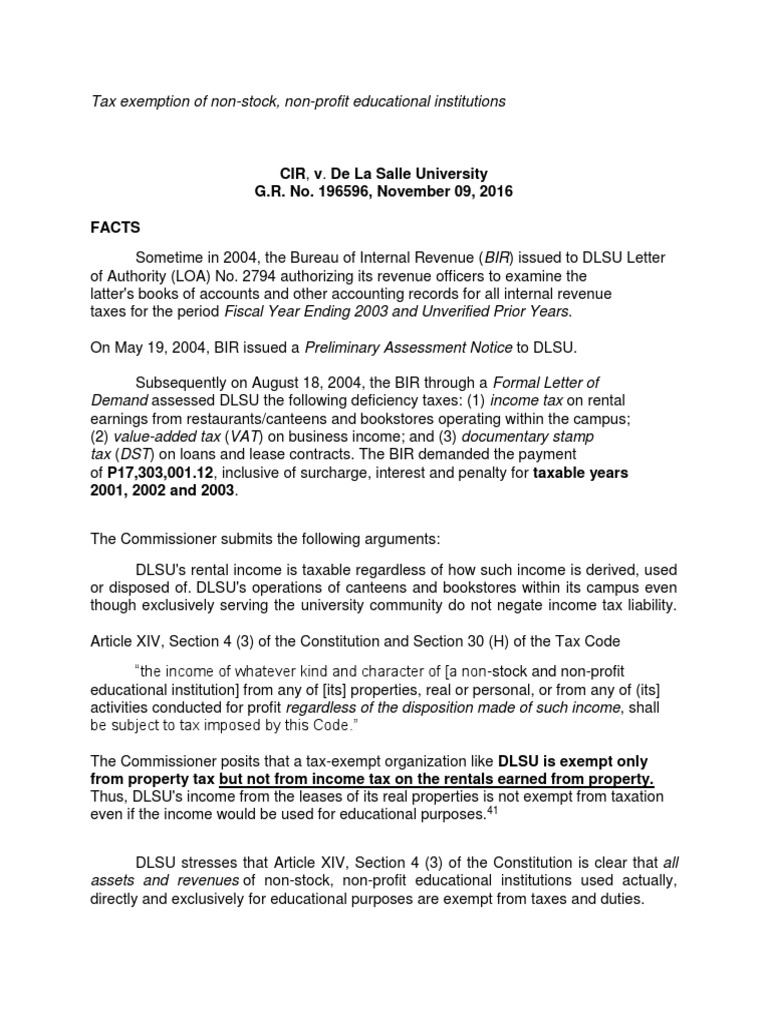 CIR v. DLSU | PDF | Taxation In The United States | Tax Exemption