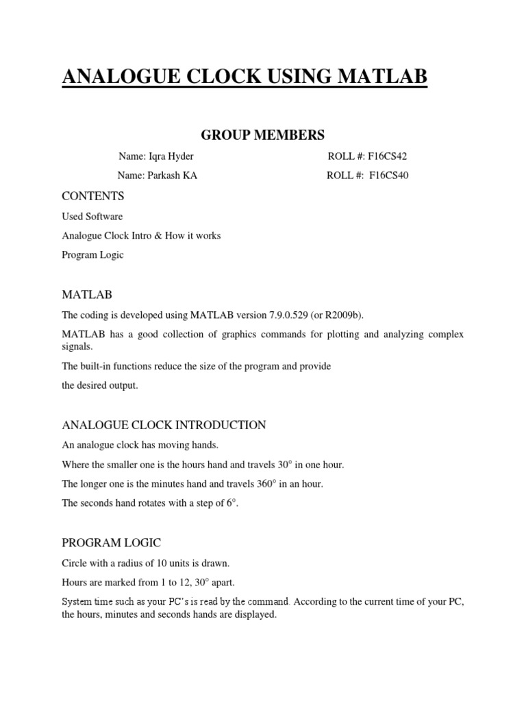 Analogue Clock Using Matlab Progress PDF