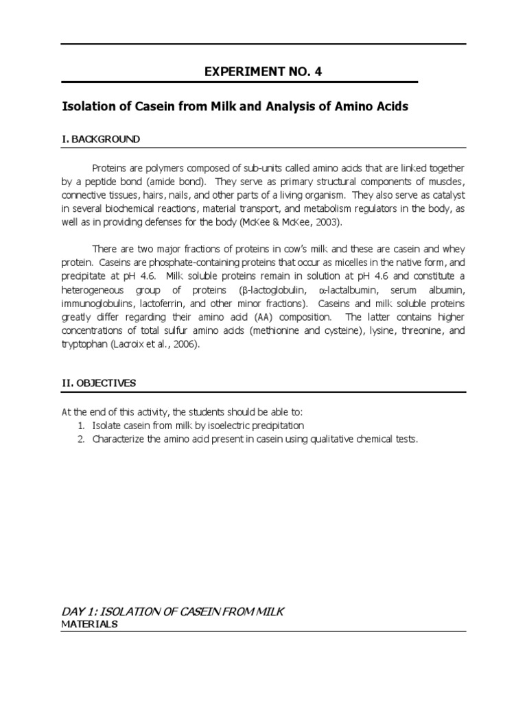 Expt.4 Isolation of Casein From Milk and Analysis of Amino Acids PDF Proteins Amino Acid