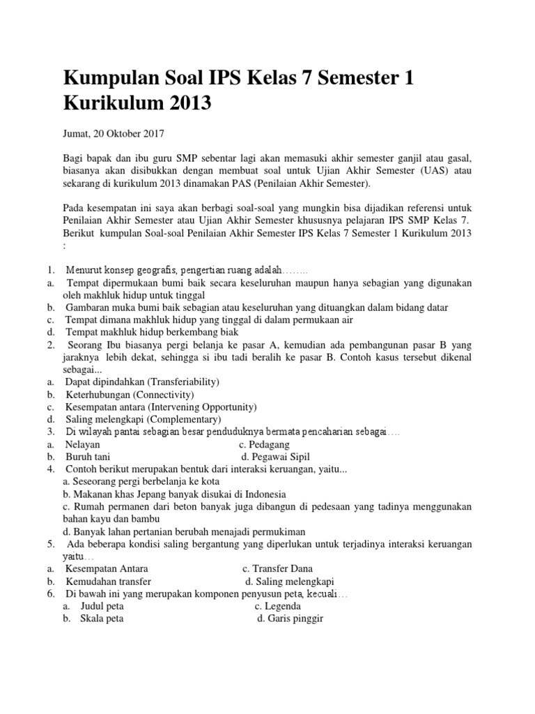 Kumpulan Soal IPS Kelas 7 Semester 1 Kurikulum 2020 Kumpulan Soal IPS Kelas 7 Semester 1 Kurikulum 2020