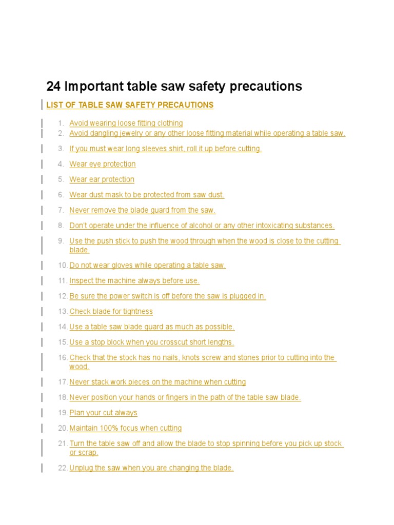 24 Important Table Saw Safety Precautions PDF Consumer Goods