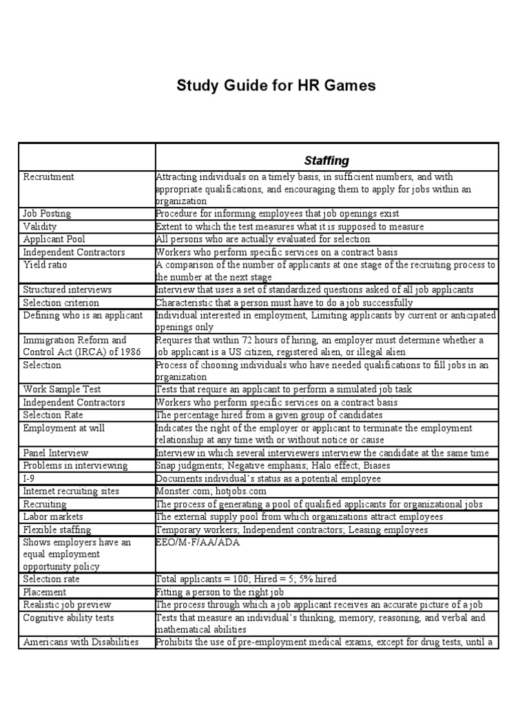 Study Guide For HR Games: Staffing | PDF | Performance Appraisal ...