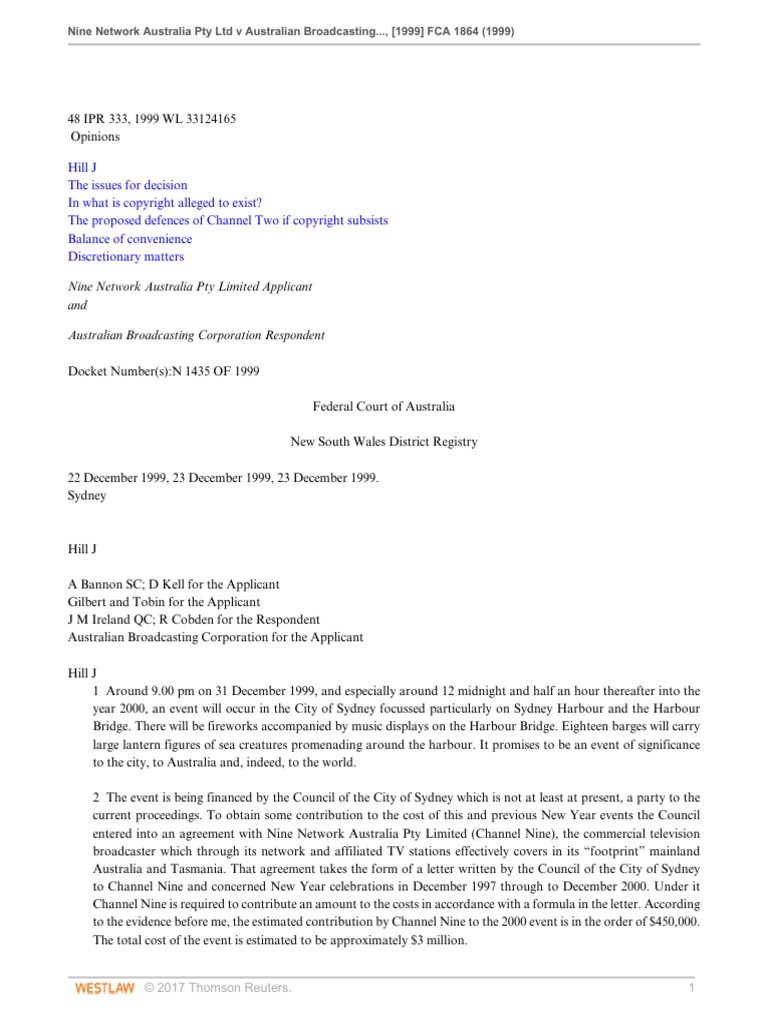 Nine Network Australia Pty LTD V Australian Broadcasting Corporation ...