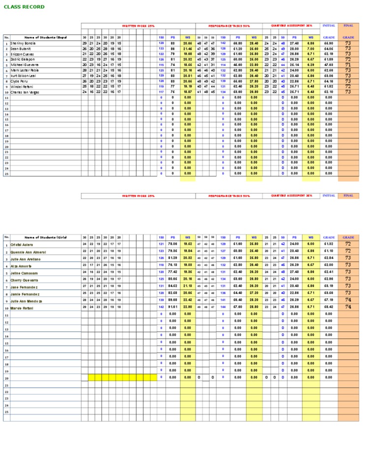 Class Record Excel Formula