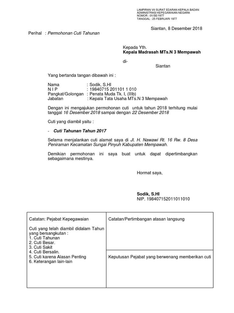 Contoh Surat Mohon Cuti Formal