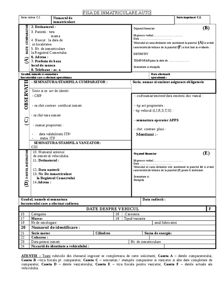 Fisa De Inmatriculare Auto
