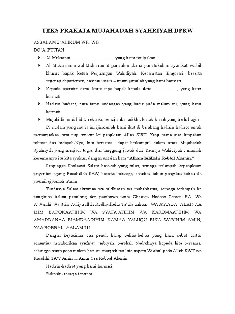Teks Prakata Mujahadah Syahriyah Dprw 2010 Pdf