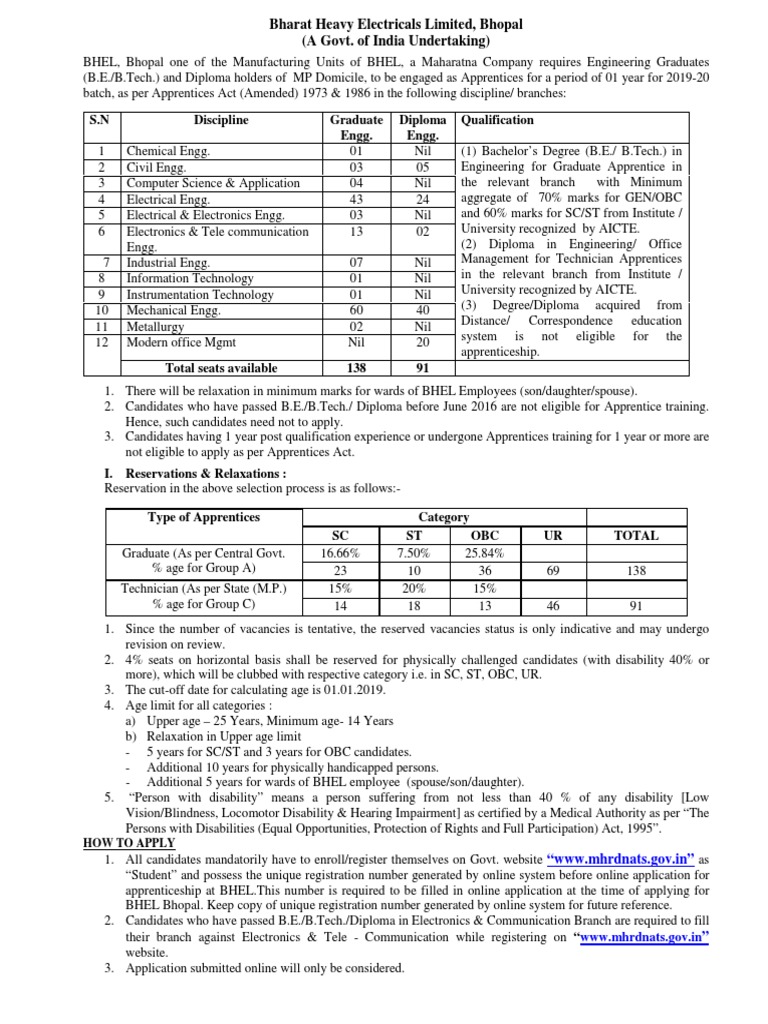 Notification BHEL Bhopal Apprentice Posts PDF | PDF | Apprenticeship ...
