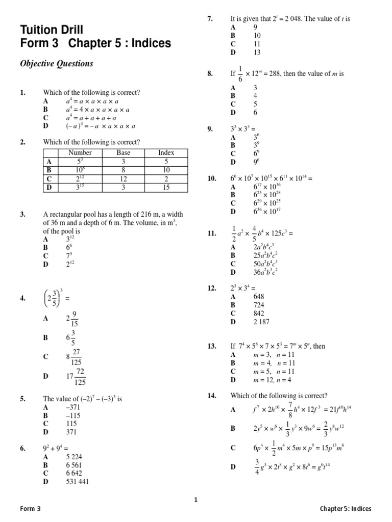 Review Exercise Form 3 Chapter 5 Indices PDF | PDF