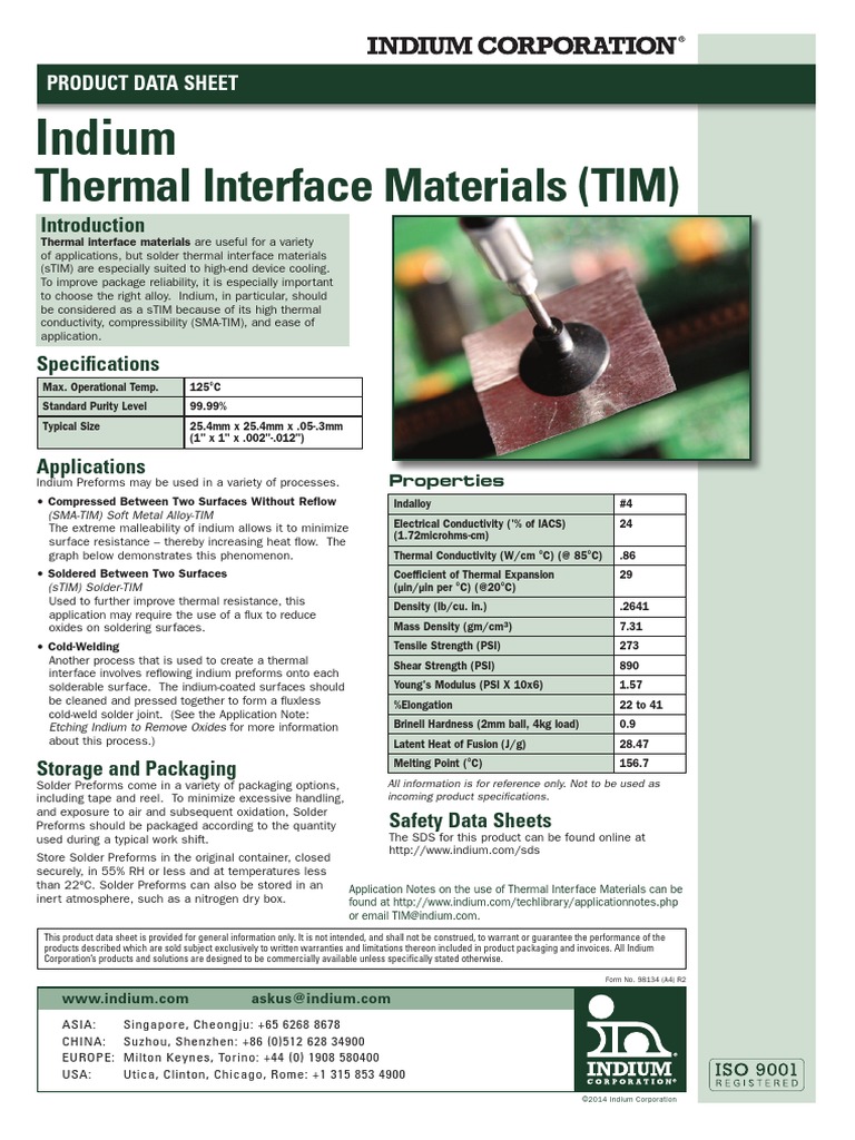 Indium Thermal Interface Materials A4 98134 r2 PDF PDF Solder Metals