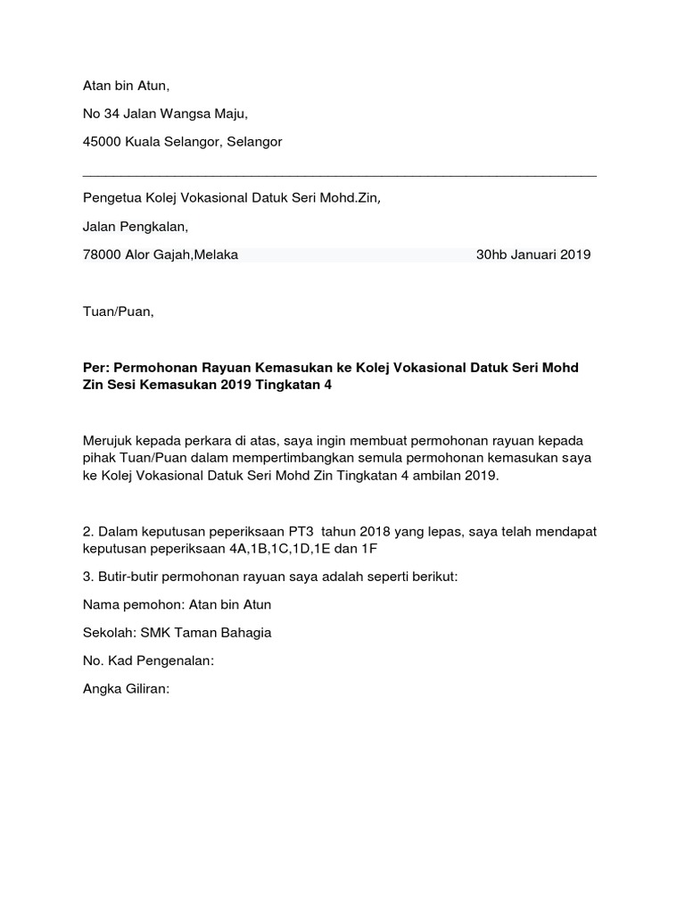 Surat Rayuan Kolej Vokasional 2018 Pdf
