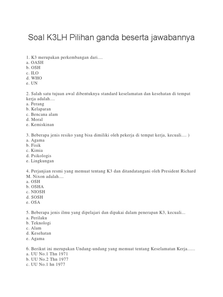 Soal K3lh Pilihan Ganda Beserta Jawabannya