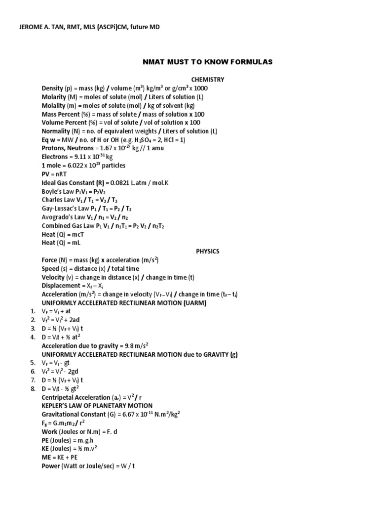 Essential NMAT Physics and Chemistry Formulas | PDF