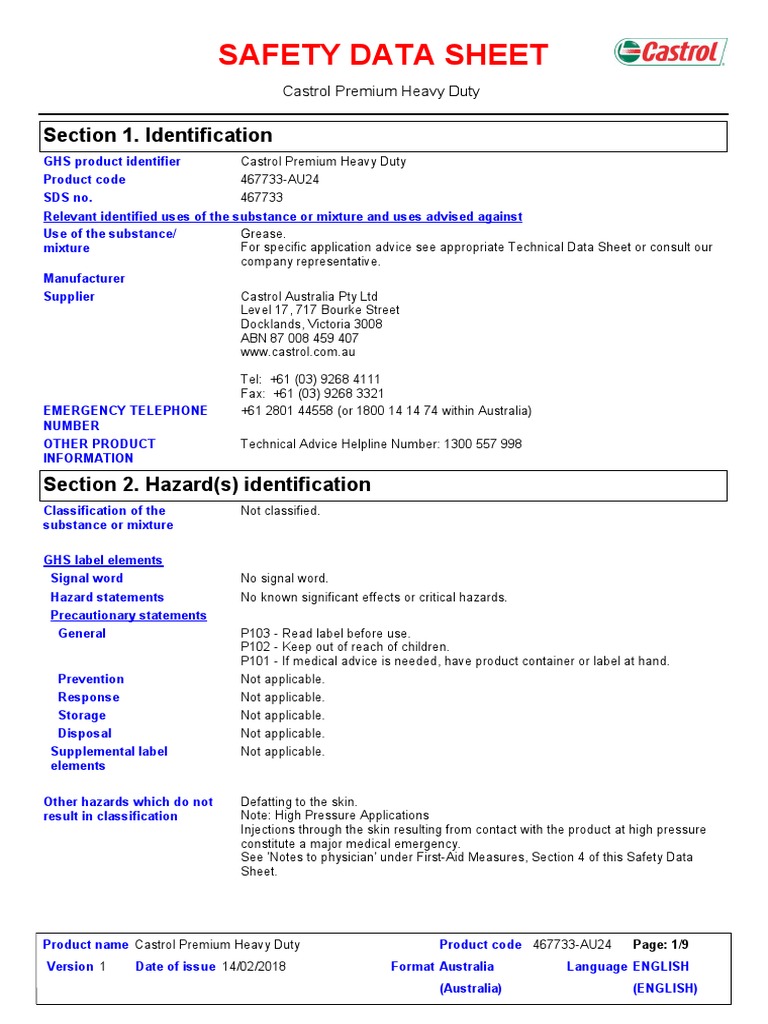 Castrol Msds Personal Protective Equipment Waste Management