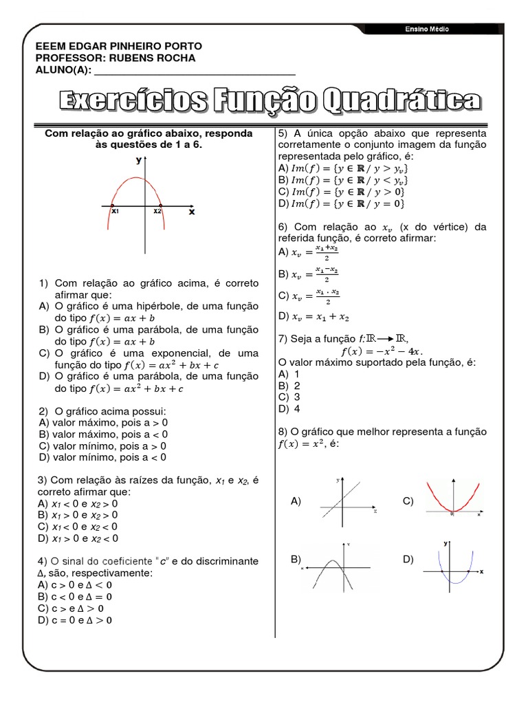 Exercícios sobre Função Quadrática | PDF | Função (Matemática ...