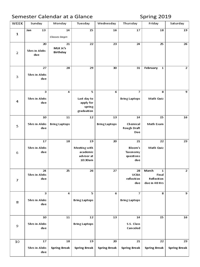 Spring 2019 Semester Calendar Overview | PDF | Academic Term