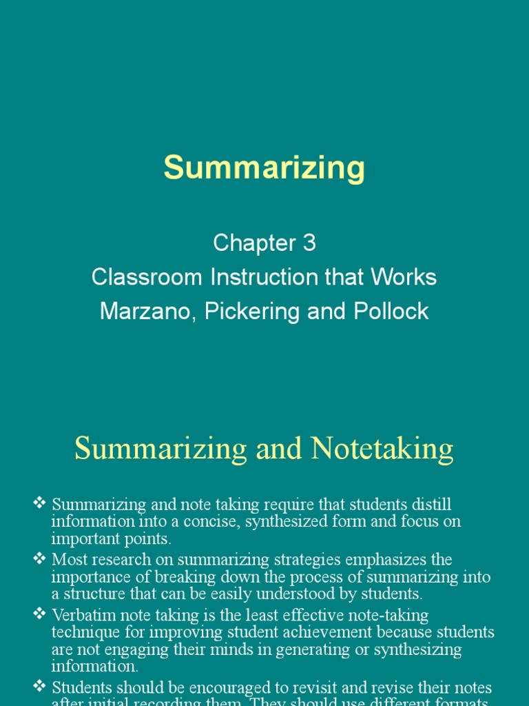 Summarizing classroom instruction that works marzano pickering and
