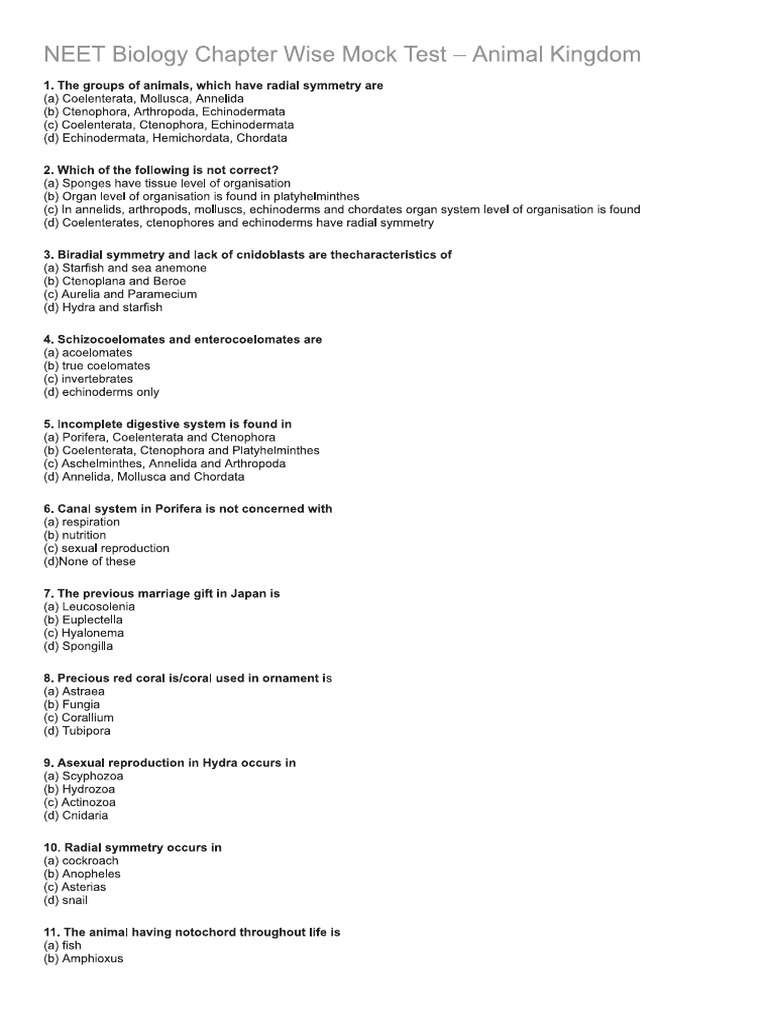 NEET Biology Chapter Wise Mock Test - Animal Kingdom - CBSE Tuts | PDF