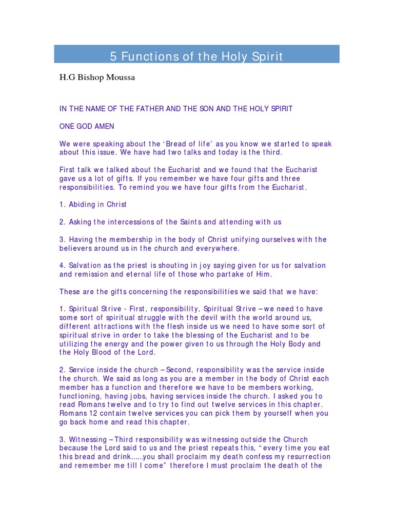 5 Functions of The Holy Spirit1 | PDF | Baptism | Eucharist