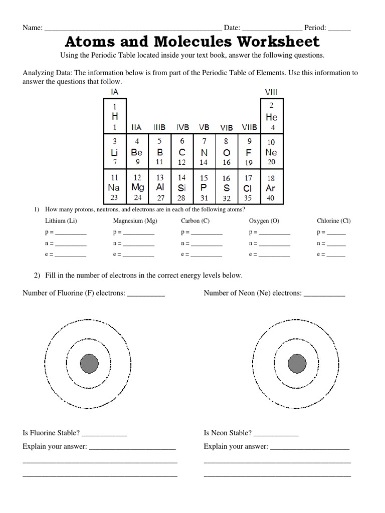 Atoms and Molecules Worksheet  PDF  Atoms  Fluorine With Regard To Atoms And Molecules Worksheet