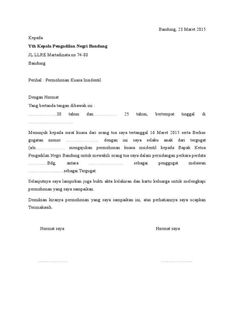 Contoh Surat Kuasa Insidentil Perkara Perdata