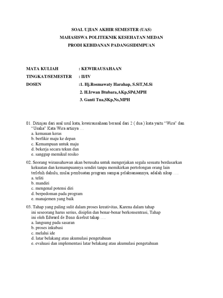 Soal Kewirausahaan Untuk Mahasiswa Ops Sekolah Kita