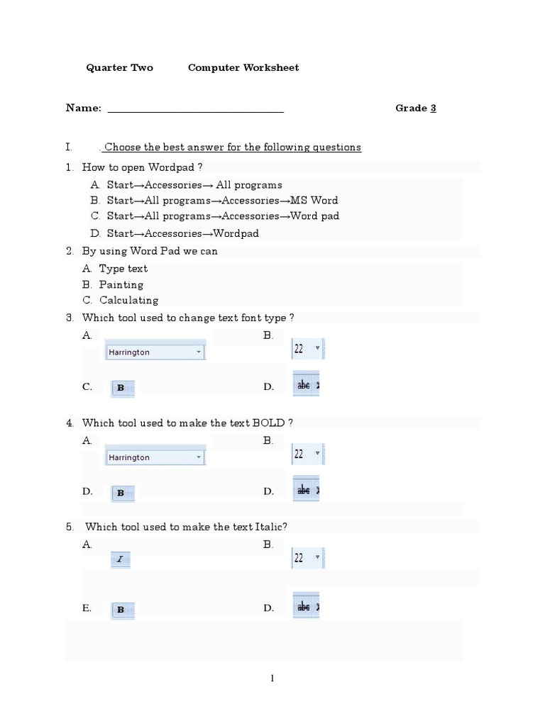 Grade 3 WordPad Worksheet | PDF